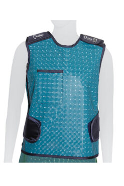 Mannequin wearing Ergo-Fit Plus lead apron vest with velcro straps at front