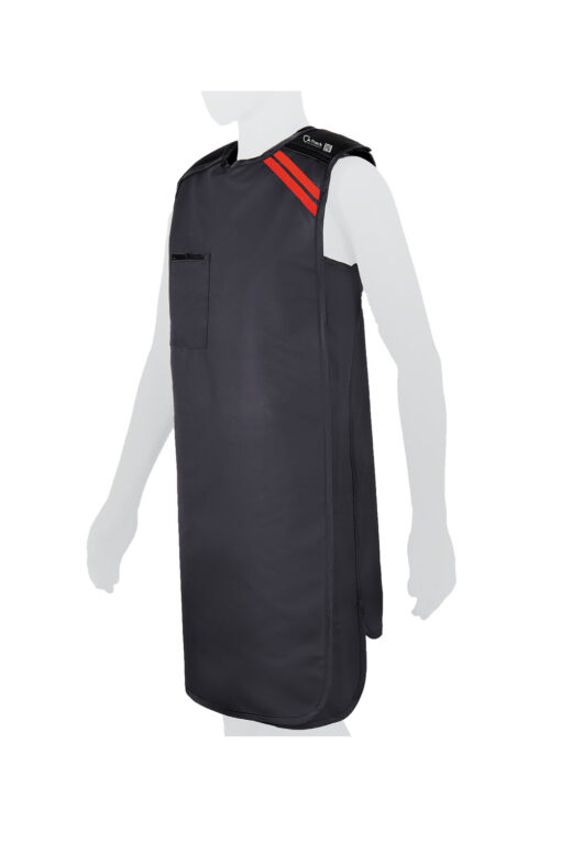 mannequin wearing semi-wrap lead apron in black, side view.