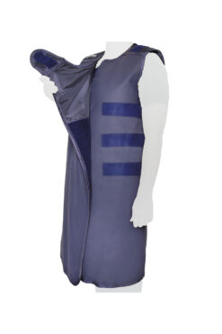 mannequin wearing semi-wrap lead apron in black, showing the velcro closure options in side view.