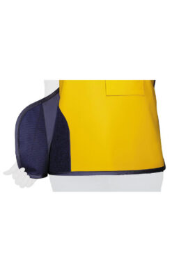 Mannequin wearing the classic lead apron vest in yellow showing how to open the Velcro closure.