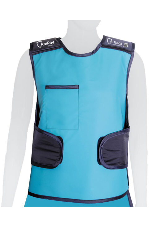 Mannequin wearing the Easy-Fit Lead Apron Vest in blue with velcro straps