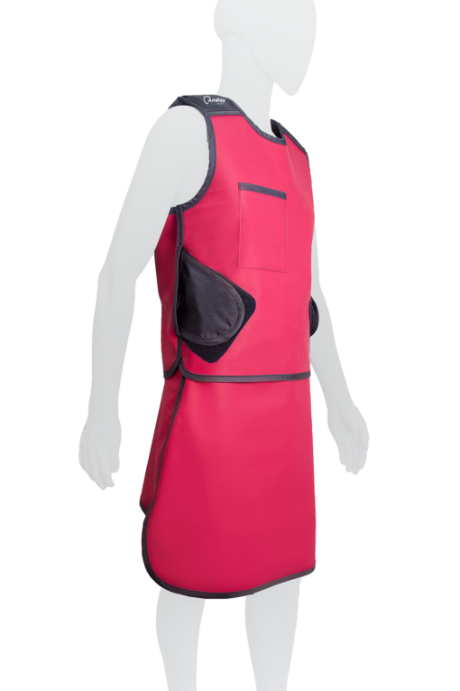 Mannequin wearing Ergo-fit lead apron vest and skirt in pink - side view