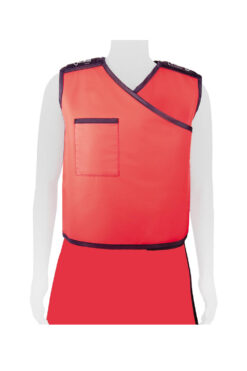 mannequin wearing the full-wrap lead apron vest in red.