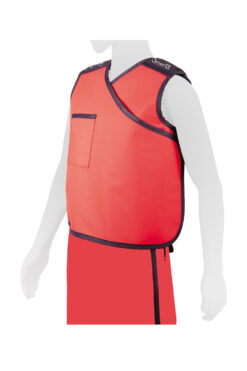 mannequin wearing the full-wrap lead apron vest in red, side view