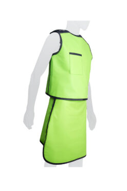 mannequin wearing the semi-wrap lead apron vest in lime green and a lead apron skirt for x-ray protection