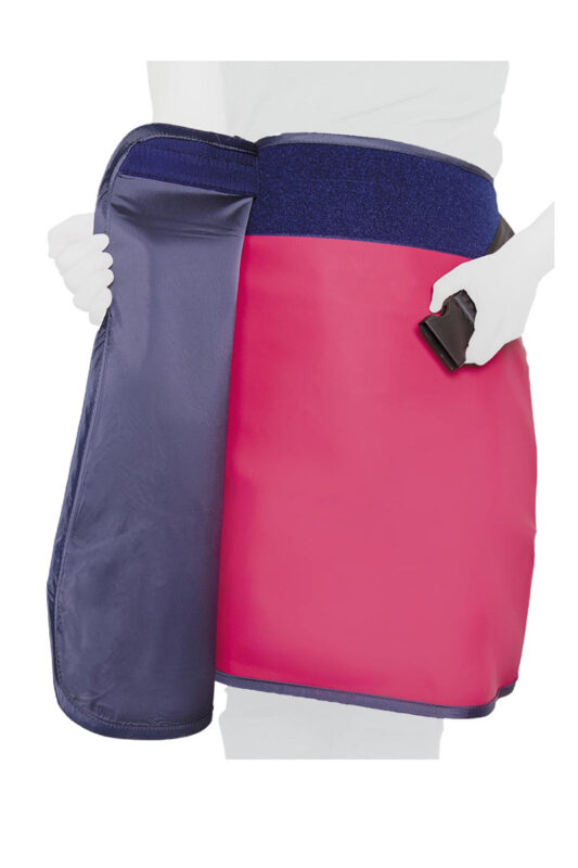 mannequin wearing an x-ray lead apron skirt in pink, showing how to open the Velcro attachment and clip