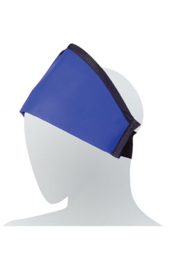 Mannequin wearing elastic lead hat for x-ray protection