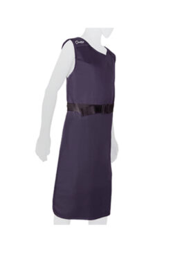 Mannequin wearing a black front lead apron with belt side view