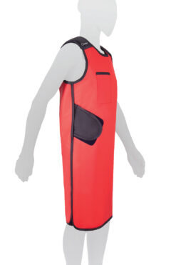 Mannequin wearing red backsaver lead apron