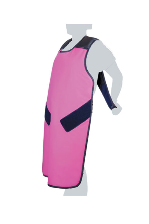 Mannequin wearing a drop-off front lead apron in pink - side view