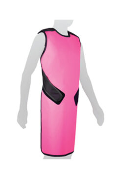 Mannequin wearing a drop-off front lead apron in pink - side view