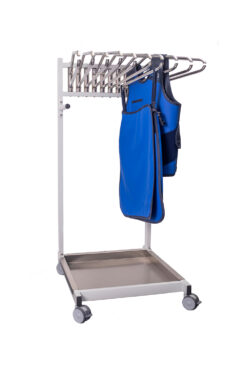 mobile lead apron hanger with blue apron